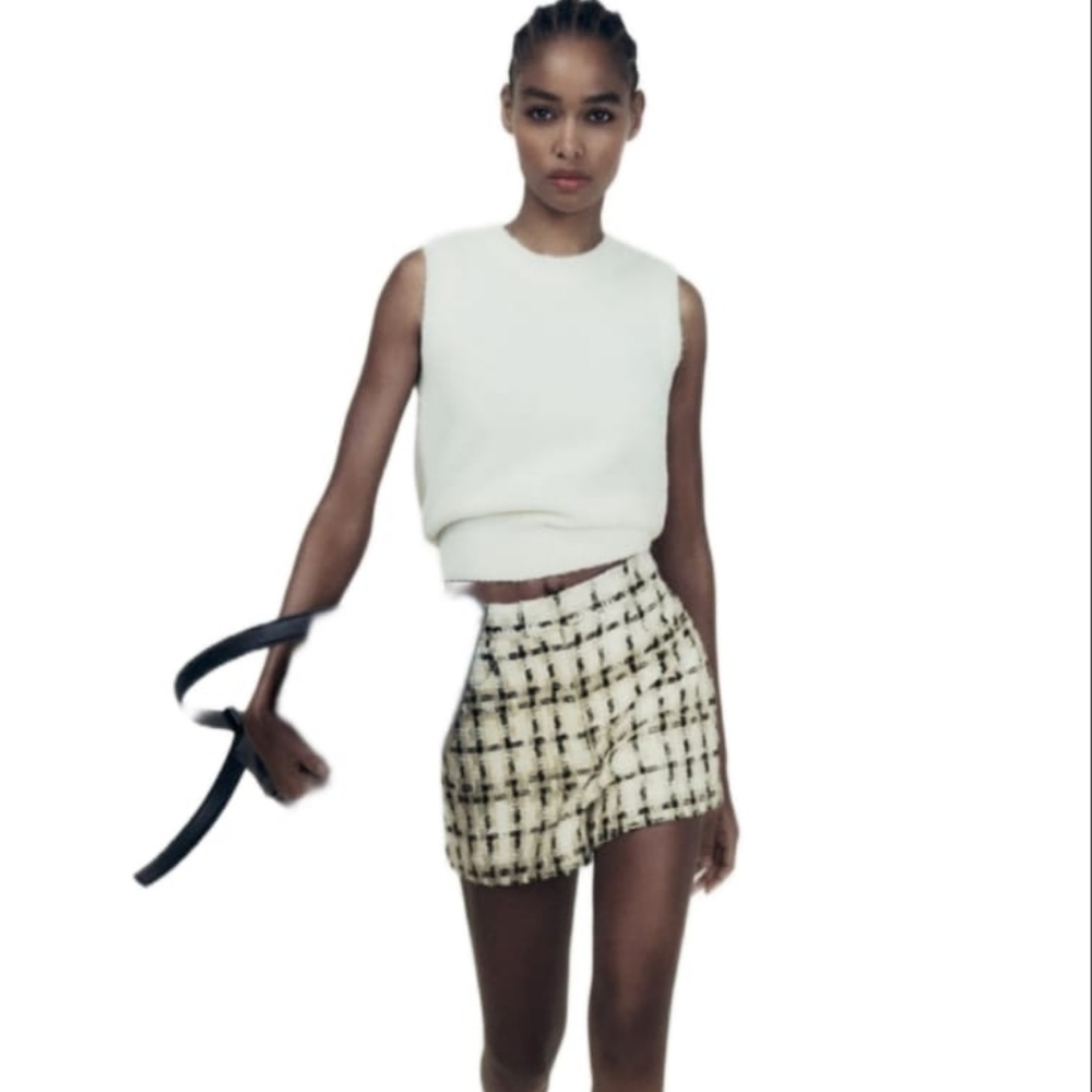 ZARA TEXTURED WEAVE PLAID SHORTS TAUPE BROWN | 2214/623 SIZE XS